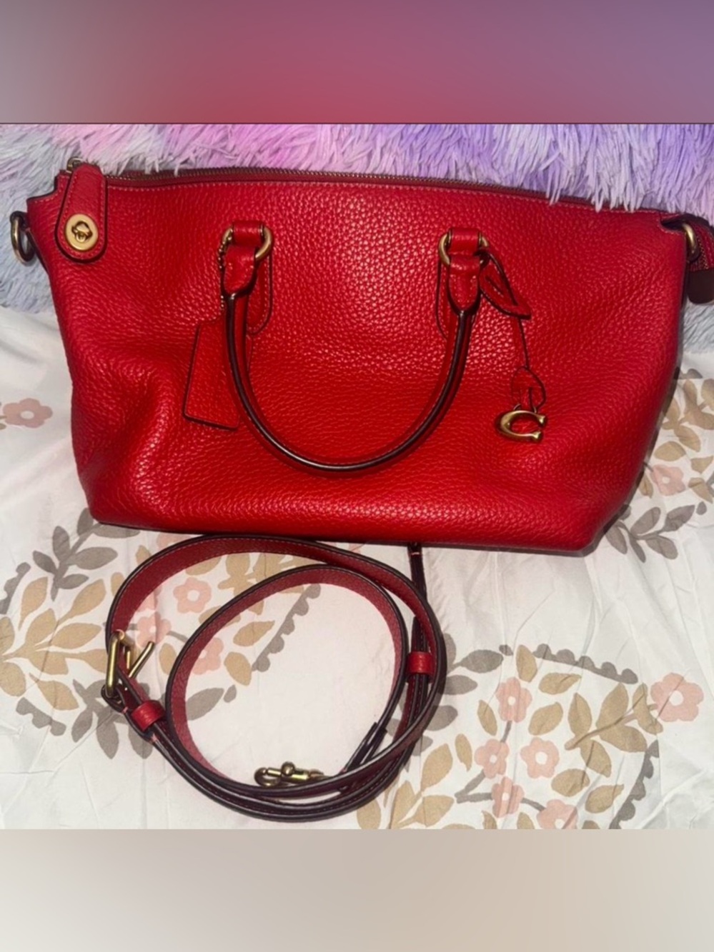 Red Leather Coach Satchel Handbag with Detachable Strap